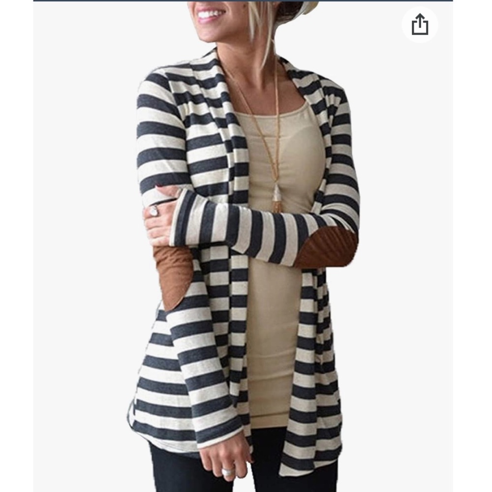 Merryfun Elbow Patch Striped Black White Cardigan Sweater